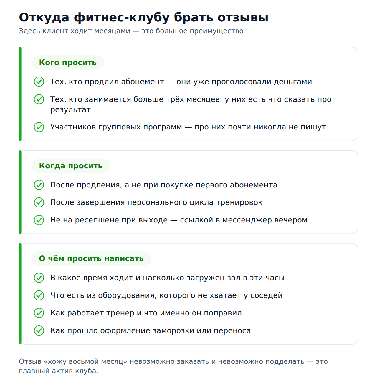 Чек-лист сбора отзывов для фитнес-клуба: кого просить, когда и о чём