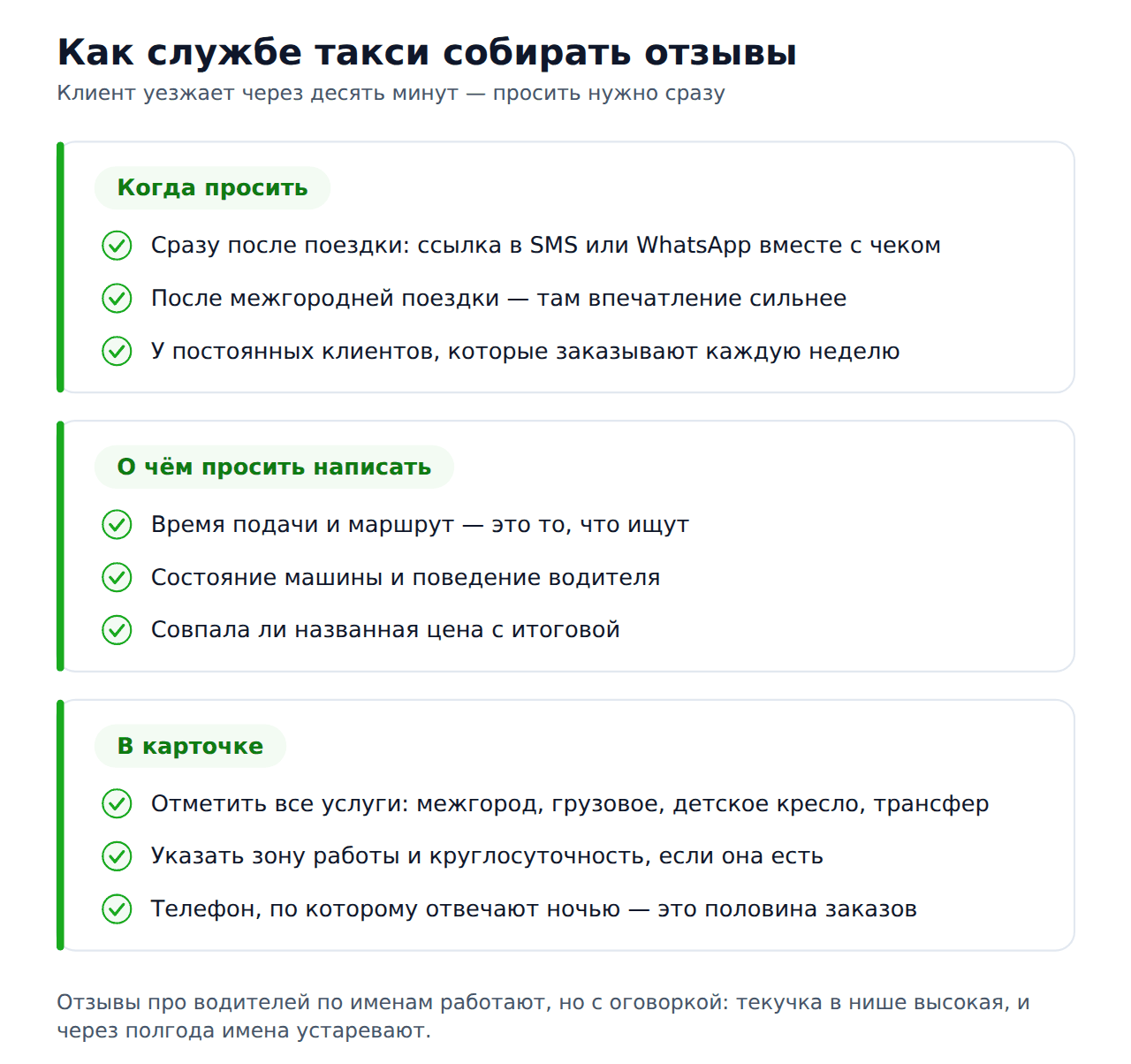 Чек-лист сбора отзывов для службы такси